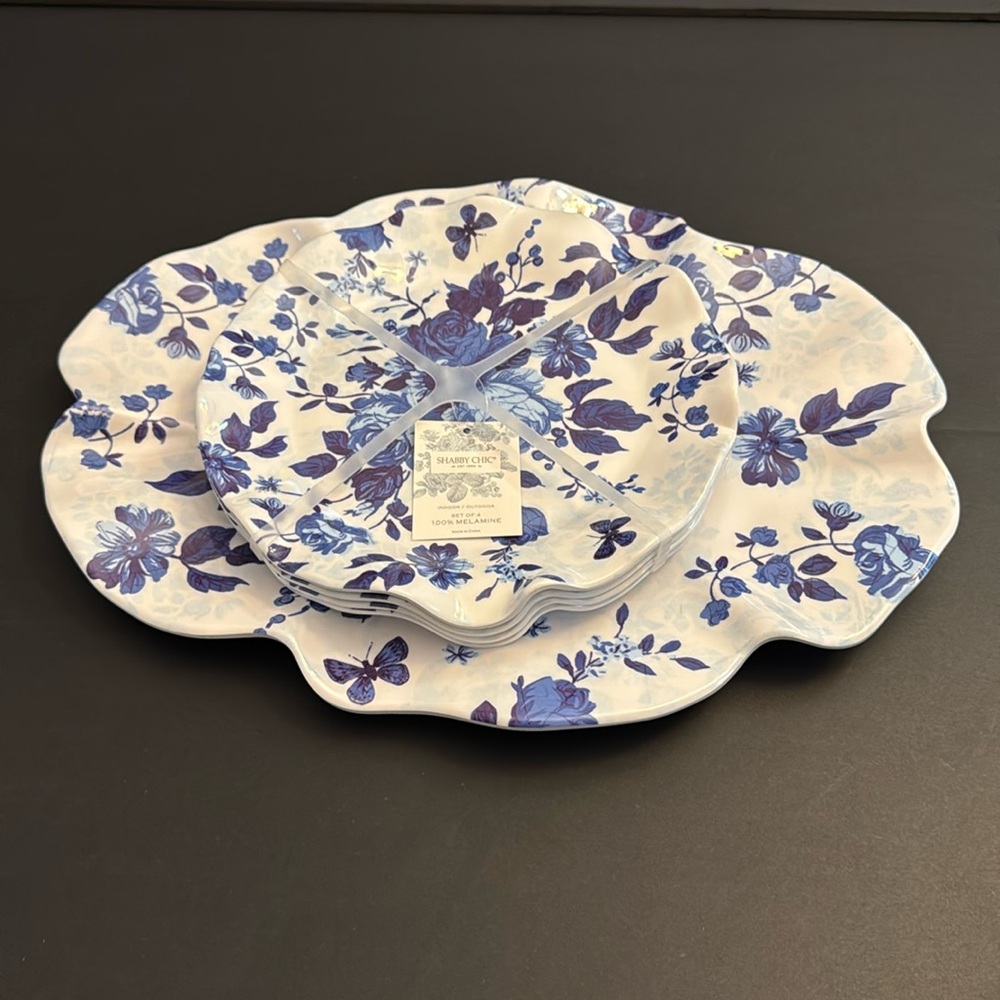 5pc SHABBY CHIC Blue and White Floral Serving Tray/Salad Plates -Scalloped Edges
